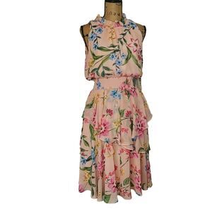 Eliza J Floral Sleeveless Smock Waist Tiered Ruffle Dress Size 14 NWT
